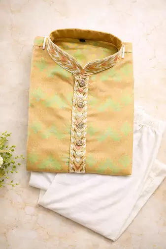 Beige color jaquard weaving work jaquard silk kurta payjama set