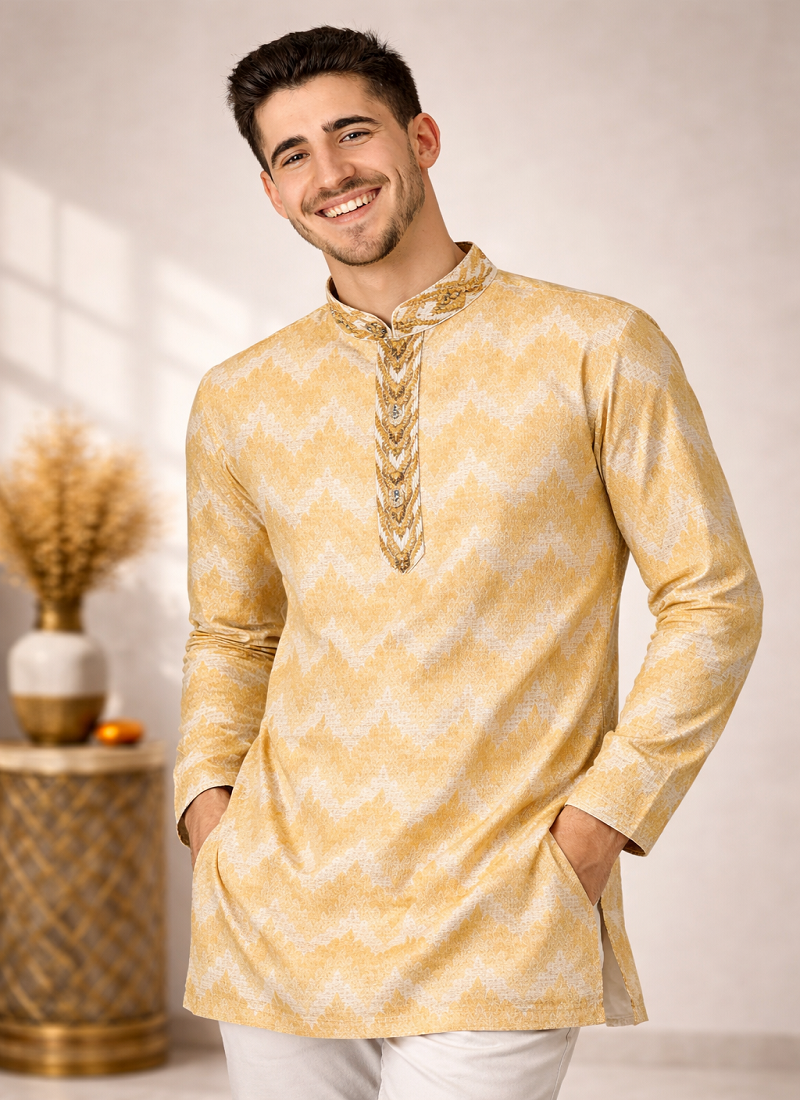 Cream color jaquard weaving work jaquard silk kurta payjama set