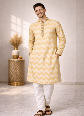 Cream color jaquard weaving work jaquard silk kurta payjama set 2