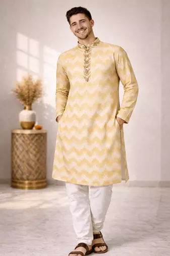 Cream color jaquard weaving work jaquard silk kurta payjama set
