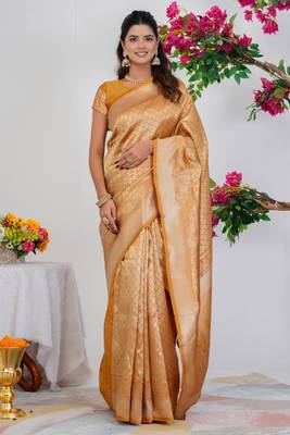 Subham turquoise silk blend saree with woven design & unstitched blouse piece for women 1