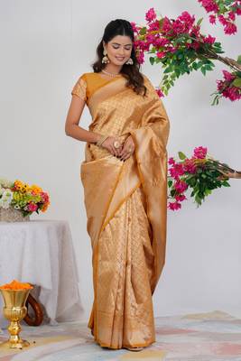 Subham turquoise silk blend saree with woven design & unstitched blouse piece for women 3