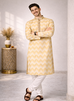Cream color jaquard weaving work jaquard silk kurta payjama set 3