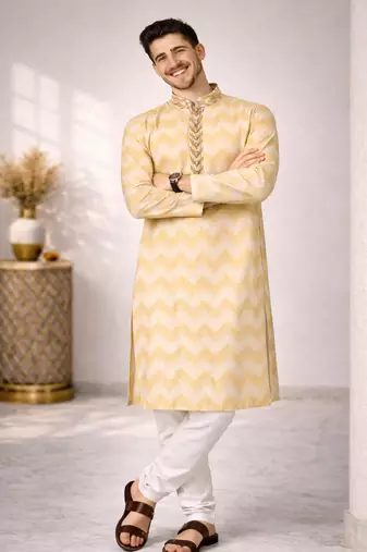 Cream color jaquard weaving work jaquard silk kurta payjama set