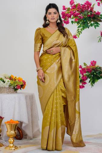 Subham mustard silk blend saree with woven design & unstitched blouse piece for women