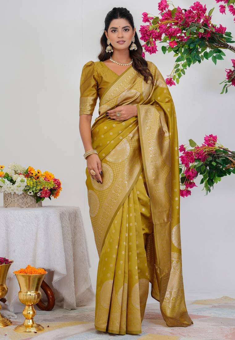 Subham mustard silk blend saree with woven design & unstitched blouse piece for women