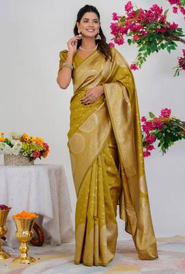 Subham mustard silk blend saree with woven design & unstitched blouse piece for women 2