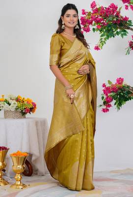 Subham mustard silk blend saree with woven design & unstitched blouse piece for women 4