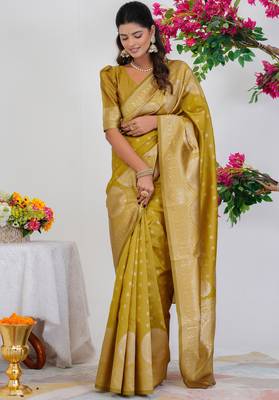 Subham mustard silk blend saree with woven design & unstitched blouse piece for women 5
