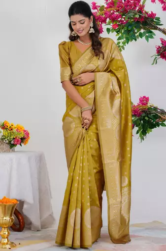 Subham mustard silk blend saree with woven design & unstitched blouse piece for women