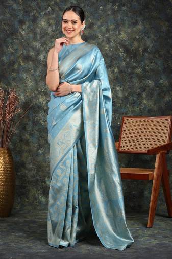 Subham turquoise silk blend saree with woven design & unstitched blouse piece for women