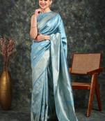 Subham turquoise silk blend saree with woven design & unstitched blouse piece for women