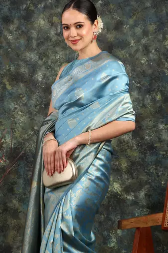 Subham turquoise silk blend saree with woven design & unstitched blouse piece for women