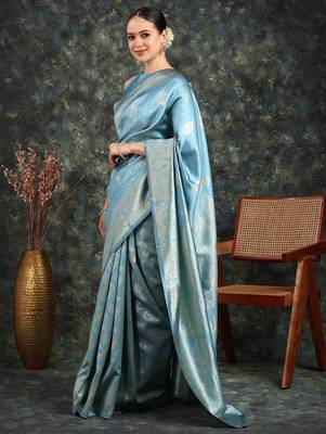 Subham turquoise silk blend saree with woven design & unstitched blouse piece for women 5
