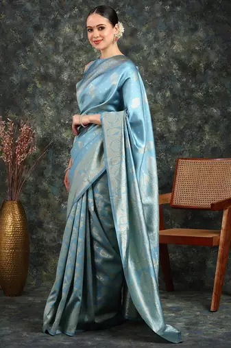Subham turquoise silk blend saree with woven design & unstitched blouse piece for women