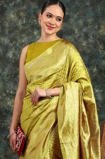 Subham mustard silk blend saree with woven design & unstitched blouse piece for women