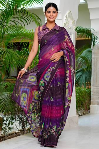 Mirchi fashion purple chiffon saree with floral print & unstitched blouse piece for women
