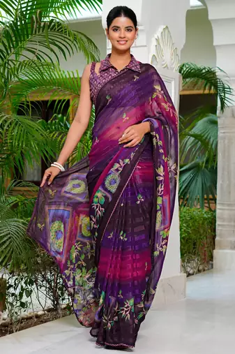Mirchi fashion purple chiffon saree with floral print & unstitched blouse piece for women