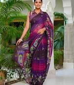 purple chiffon saree with floral print & unstitched blouse piece for women