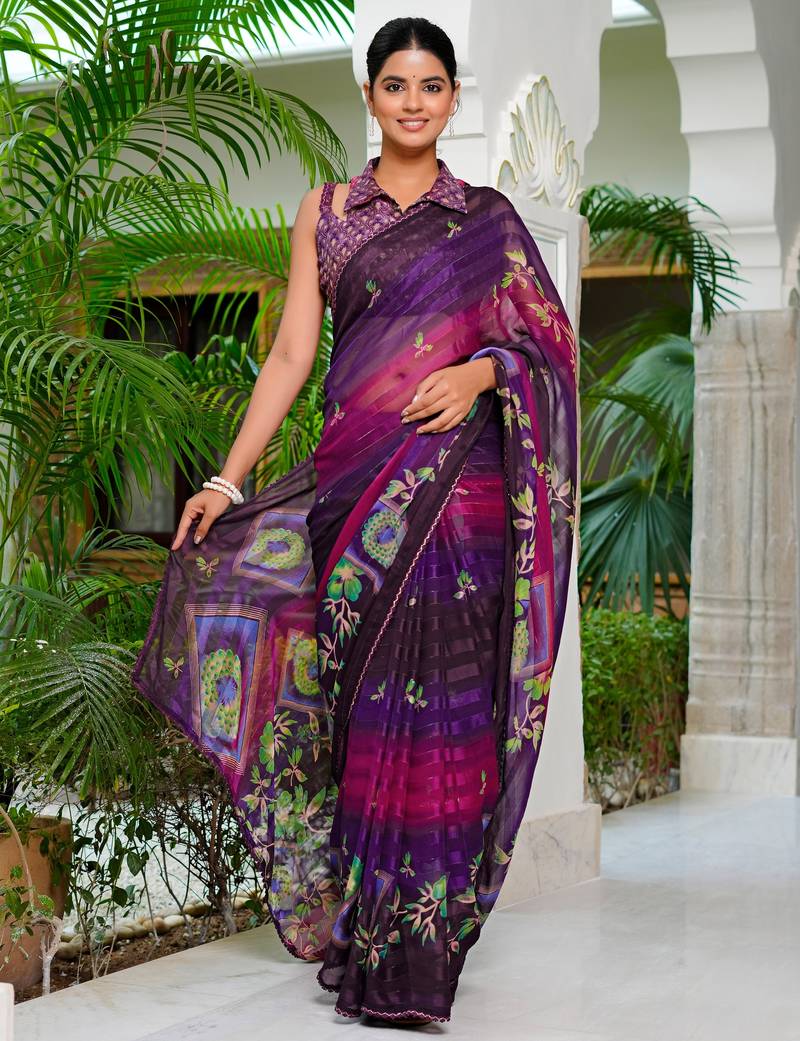 Mirchi fashion purple chiffon saree with floral print & unstitched blouse piece for women