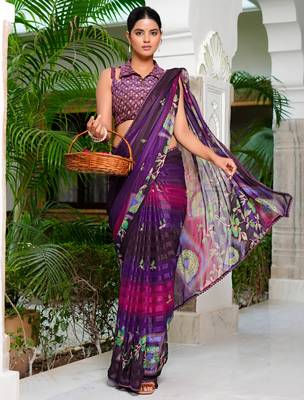 purple chiffon saree with floral print & unstitched blouse piece for women 2
