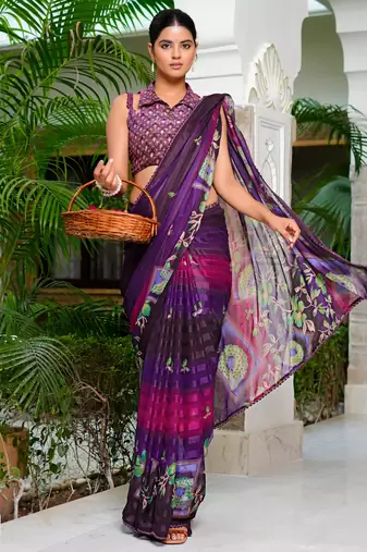 purple chiffon saree with floral print & unstitched blouse piece for women