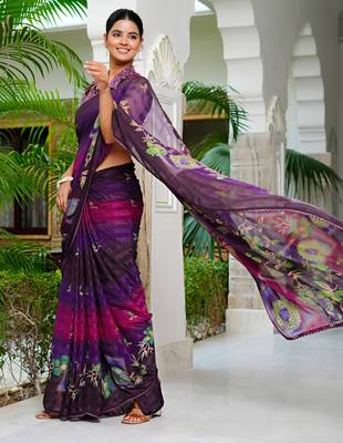 purple chiffon saree with floral print & unstitched blouse piece for women 3