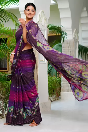 purple chiffon saree with floral print & unstitched blouse piece for women