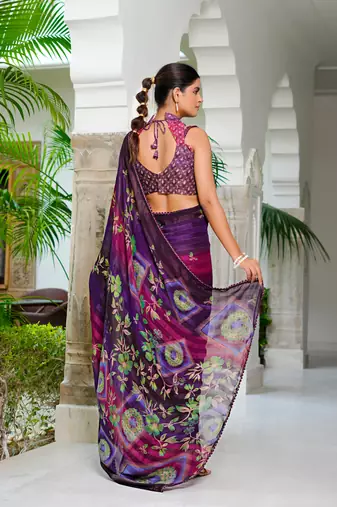 purple chiffon saree with floral print & unstitched blouse piece for women