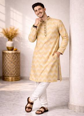 Cream color jaquard weaving work jaquard silk kurta payjama set 4