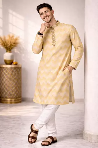 Cream color jaquard weaving work jaquard silk kurta payjama set