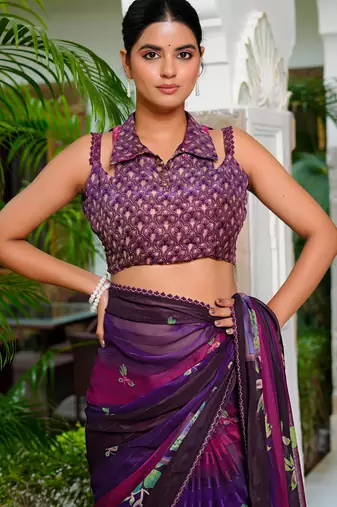 purple chiffon saree with floral print & unstitched blouse piece for women