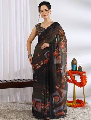 brown chiffon saree with floral print & unstitched blouse piece for women 1