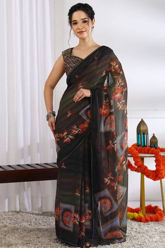 Mirchi fashion brown chiffon saree with floral print & unstitched blouse piece for women