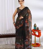 brown chiffon saree with floral print & unstitched blouse piece for women