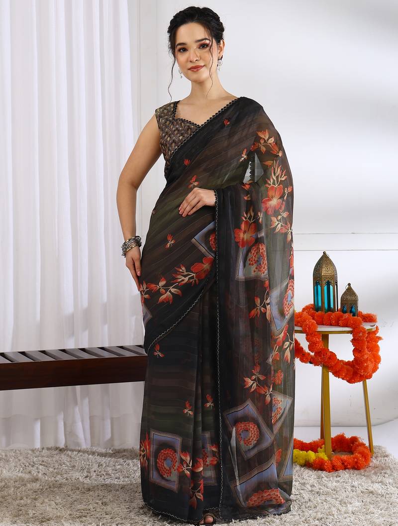 Mirchi fashion brown chiffon saree with floral print & unstitched blouse piece for women