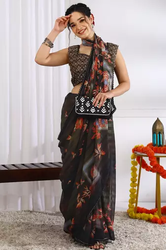 brown chiffon saree with floral print & unstitched blouse piece for women