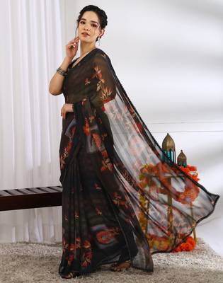 brown chiffon saree with floral print & unstitched blouse piece for women 3