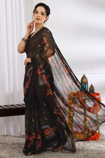 brown chiffon saree with floral print & unstitched blouse piece for women