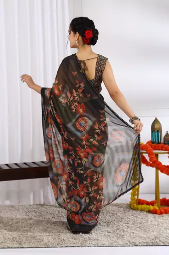 brown chiffon saree with floral print & unstitched blouse piece for women