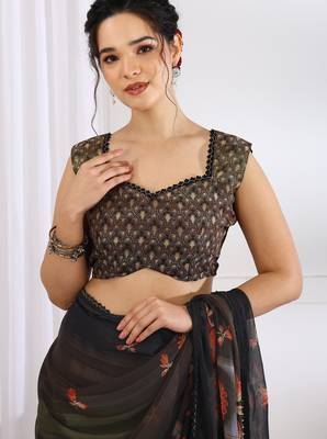 brown chiffon saree with floral print & unstitched blouse piece for women 5
