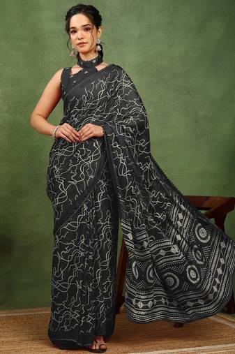 Mirchi fashion black chiffon saree with geometric print & unstitched blouse piece for women