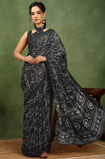 Mirchi fashion black chiffon saree with geometric print & unstitched blouse piece for women