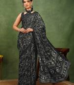 black chiffon saree with geometric print & unstitched blouse piece for women