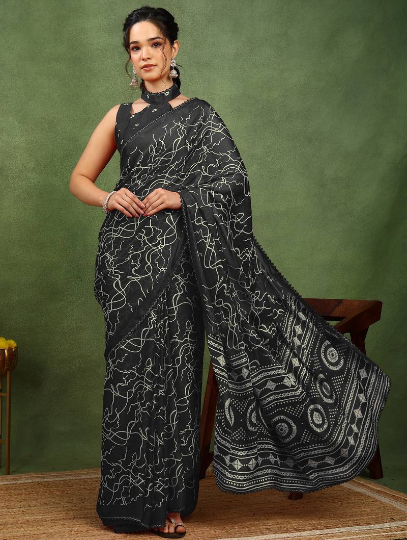 Mirchi fashion black chiffon saree with geometric print & unstitched blouse piece for women