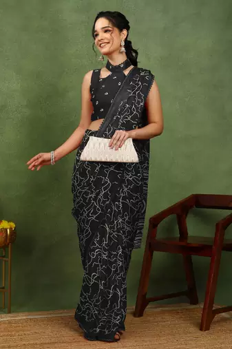 black chiffon saree with geometric print & unstitched blouse piece for women