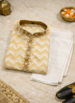 Cream color jaquard weaving work jaquard silk kurta payjama set 5