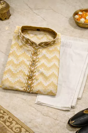 Cream color jaquard weaving work jaquard silk kurta payjama set