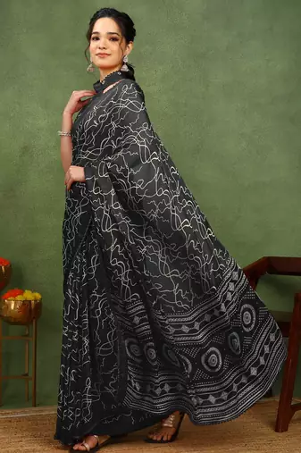 black chiffon saree with geometric print & unstitched blouse piece for women