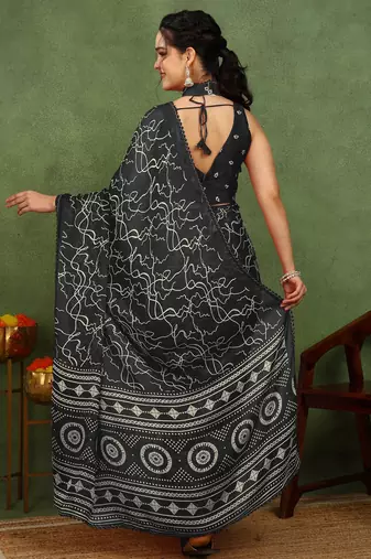 black chiffon saree with geometric print & unstitched blouse piece for women